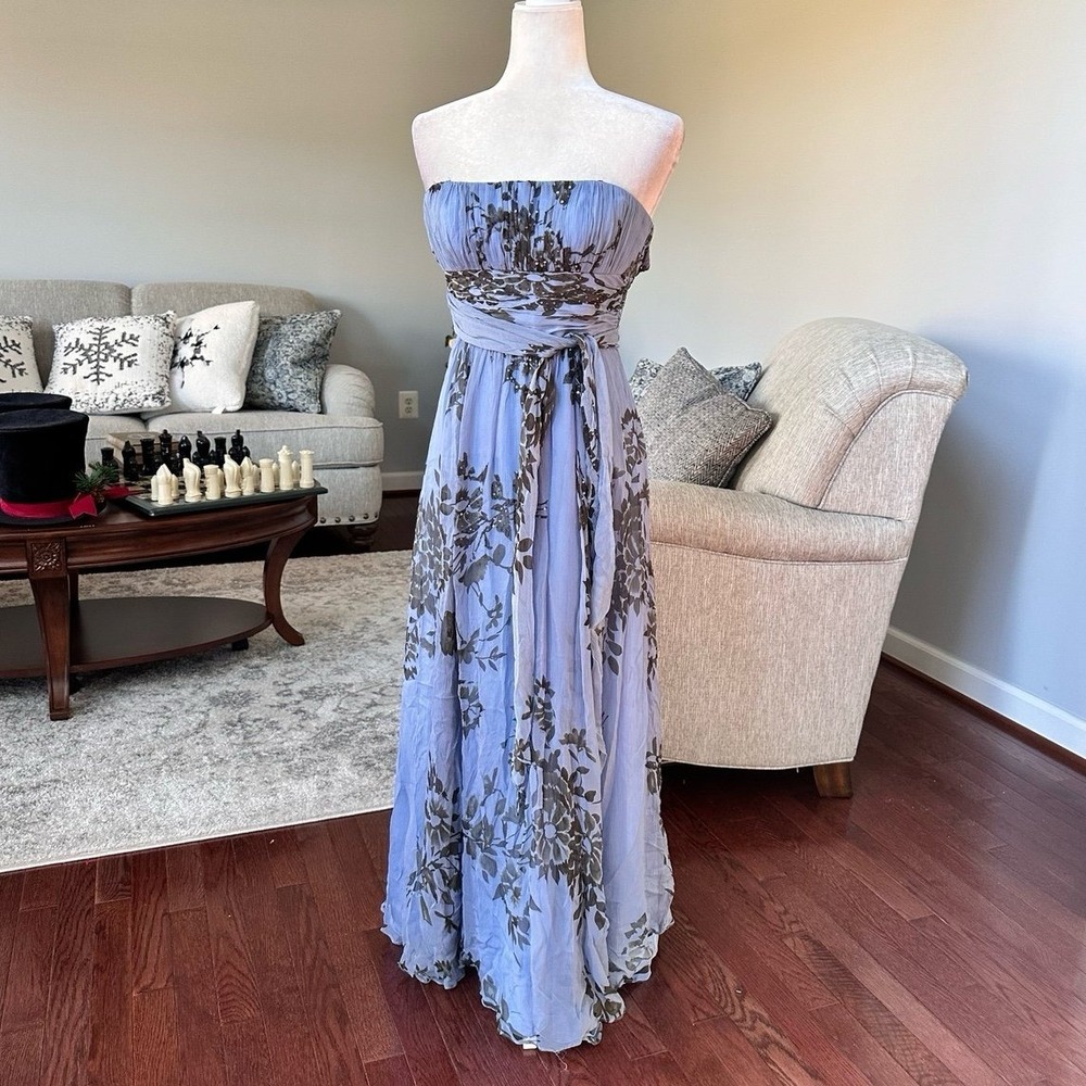 Vintage BCBGMAXAZRIA Strapless Blue Black 100% Silk Sequined‎ Maxi Dress Size 0